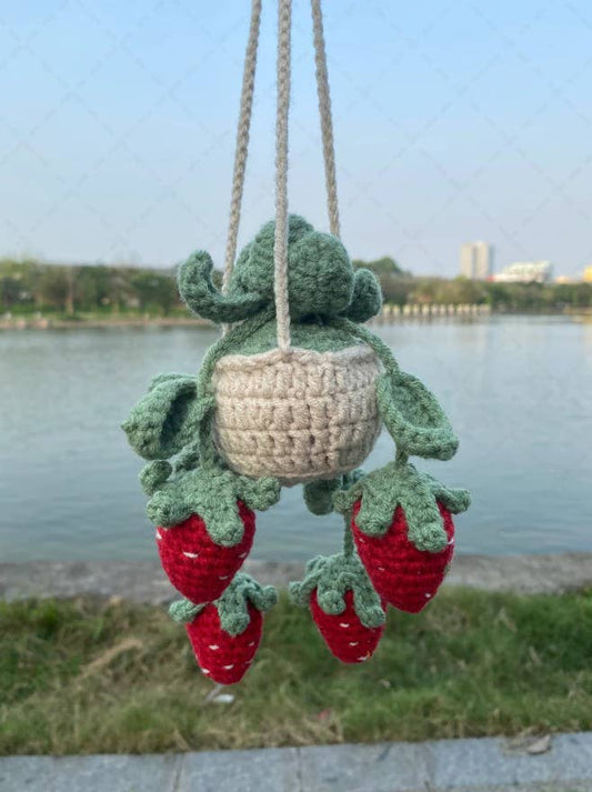 Crochet Strawberry Plant Car Mirror Hanging, Cute Car Decor