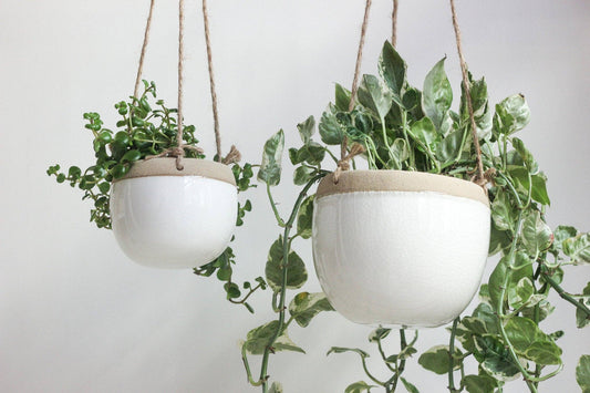 Large Boho Ceramic Hanging Planter Pot in White and Beige