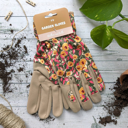 Willow & Belle Gardening Gloves - Mustard And Pink Flowers