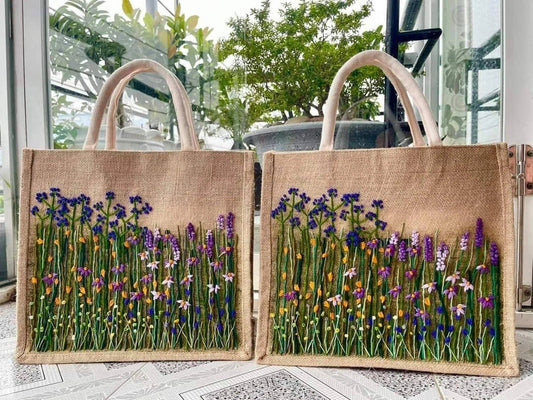 Floral Garden Embroidered Jute Bag